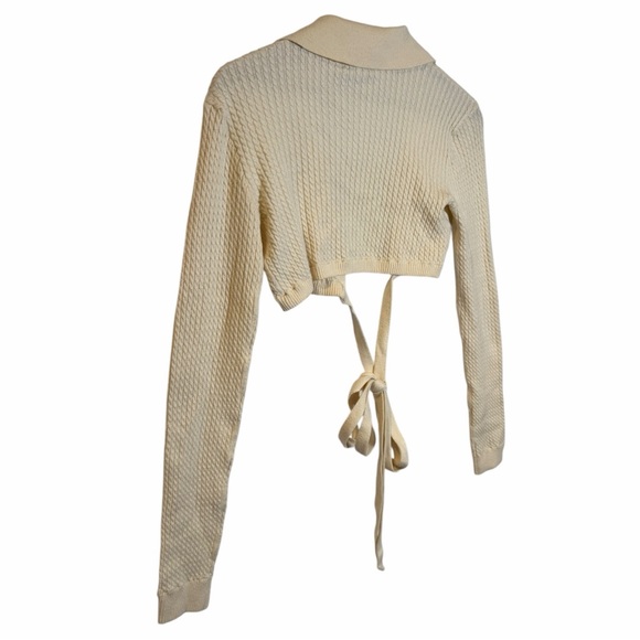 Danielle Bernstein Cropped Wrap Knit Top Tie Front Long Sleeve Cream Size M - Picture 10 of 14